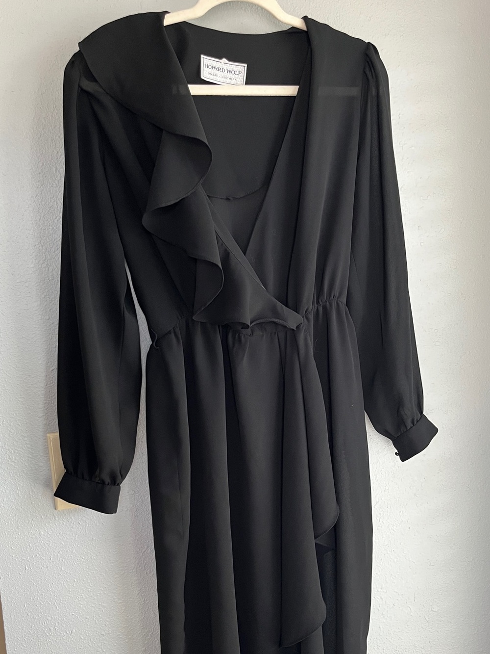 Vintage Designer Howard Wolf Sheer Black Long-Sleeve Ruffle Wrap Dress